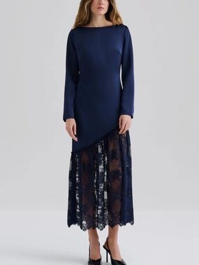 By Malina Navy Long-Sleeve Lace Hem midi Dress NWT